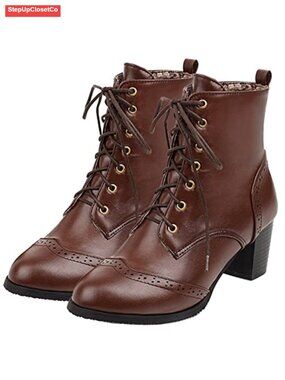 Wingtip Lace Up Ankle Booties Chunky Block Heel Boots